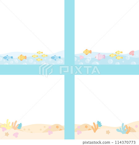 Illustration of under the sea square frames with fish, sand, coral reef, pearl shell, starfish for background, banner, social media post, poster, post card, aquarium, animals, memo, sticky note, icon  114370773