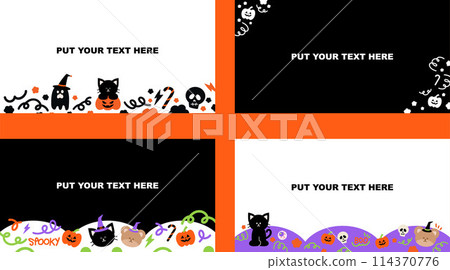 Illustration of rectangle Halloween frames with pumpkin, black cat, ghost, witch hat, teddy bear, SPOOKY letters for ad template, campaign, Halloween templates, card, print, standee, banner, wallpaper 114370776