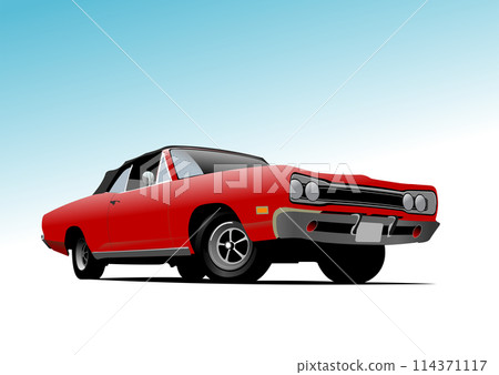 Old red car on abstract backgroud. Vector Colored 3d illustration. Hand drawn illustration 114371117