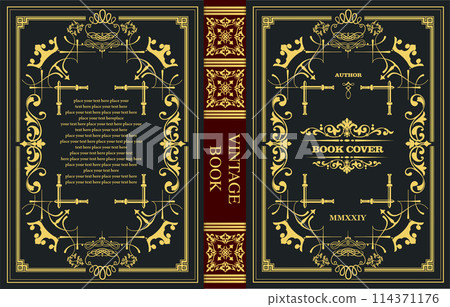Ornate leather book cover and Old retro ornament frames. Royal Golden style design. Historical novel. Oriental style Vector illustration. Hand drawn illustration Ornate leather book cover and Old retro ornament frames. Royal Golden style design. Historical novel. Oriental style Vector illustration. Hand drawn illustration 114371176