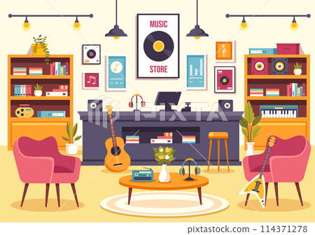 Music Store Vector Illustration with Various Musical Instruments, CD, Cassette Tapes and Audio Recordings in Flat Style Cartoon Background Design Music Store Vector Illustration with Various Musical Instruments, CD, Cassette Tapes and Audio Recordings in Flat Style Cartoon Background Design 114371278