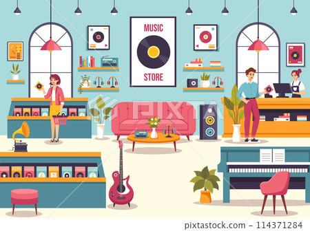 Music Store Vector Illustration with Various Musical Instruments, CD, Cassette Tapes and Audio Recordings in Flat Style Cartoon Background Design Music Store Vector Illustration with Various Musical Instruments, CD, Cassette Tapes and Audio Recordings in Flat Style Cartoon Background Design 114371284