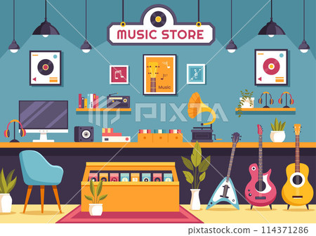 Music Store Vector Illustration with Various Musical Instruments, CD, Cassette Tapes and Audio Recordings in Flat Style Cartoon Background Design 114371286