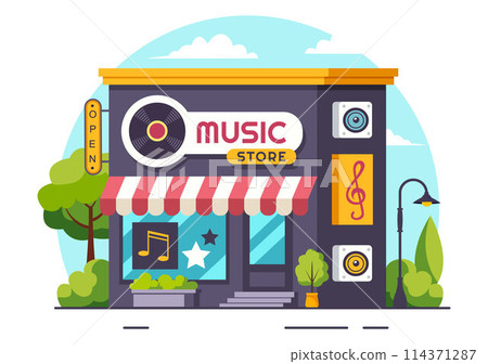 Music Store Vector Illustration with Various Musical Instruments, CD, Cassette Tapes and Audio Recordings in Flat Style Cartoon Background Design Music Store Vector Illustration with Various Musical Instruments, CD, Cassette Tapes and Audio Recordings in Flat Style Cartoon Background Design 114371287