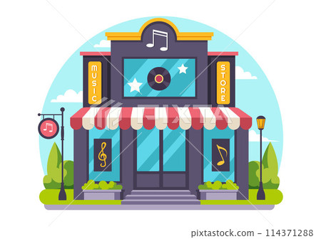 Music Store Vector Illustration with Various Musical Instruments, CD, Cassette Tapes and Audio Recordings in Flat Style Cartoon Background Design Music Store Vector Illustration with Various Musical Instruments, CD, Cassette Tapes and Audio Recordings in Flat Style Cartoon Background Design 114371288