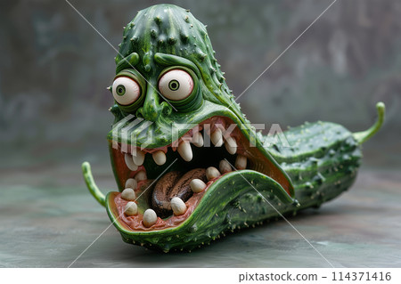 Frightened cucumber with open mouth and wide open eyes Frightened cucumber with open mouth and wide open eyes 114371416