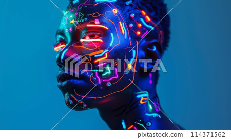 Futuristic Neon Paints on African American Male Model in Blue Light 114371562
