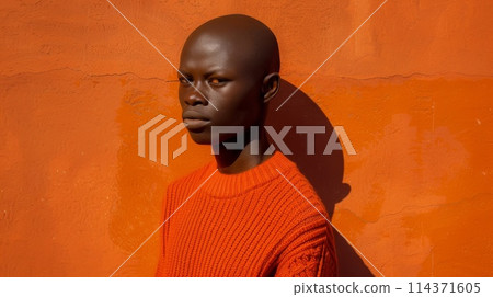 Striking Portrait of a Bald Man Against an Orange Wall 114371605