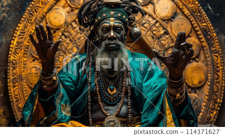 Mystic Sadhu in Traditional Attire with Ornate Background Mystic Sadhu in Traditional Attire with Ornate Background 114371627
