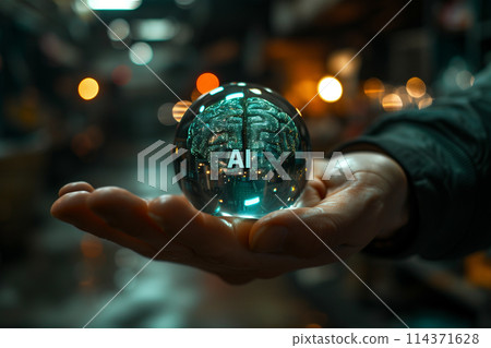 Businessman holding digital artificial brain with inscription - AI Businessman holding digital artificial brain with inscription - AI 114371628