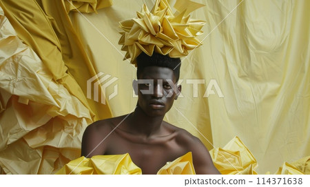 African Man with Elaborate Gold Paper Headdress and Yellow Background 114371638
