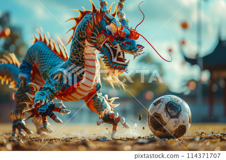 Dragon Figurine Kicking Soccer Ball 114371707