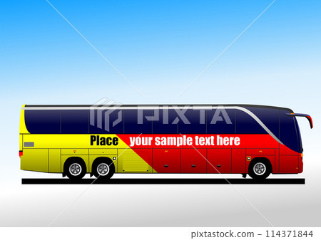 Red-yellow tourist bus. Coach. Vector 3d color hand drawn illustration Red-yellow tourist bus. Coach. Vector 3d color hand drawn illustration 114371844