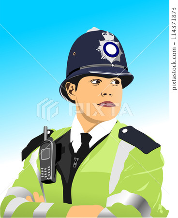 London Policeman with walkie-talkie radio. Vector 3d hand drawn illustration London Policeman with walkie-talkie radio. Vector 3d hand drawn illustration 114371873