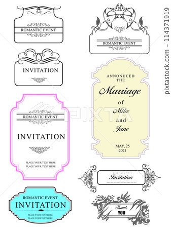 Set of ornate vector frames and ornaments with sample text. Perfect as invitation or announcement. All pieces are separate. Easy to change colors and edit. Hand drawn illustration 114371919
