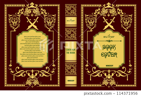 Ornate leather book cover and Old retro ornament frames. Royal Golden style design. Historical novel. Oriental style Vector illustration. Hand drawn illustration 114371956