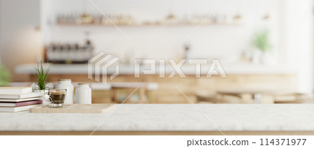 A white marble tabletop in a contemporary minimalist coffee shop cafe. A white marble tabletop in a contemporary minimalist coffee shop cafe. 114371977