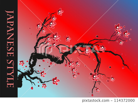 Sakura branch on a colored background. Color  Vector hand drawn  illustration in Japanese style 114372000