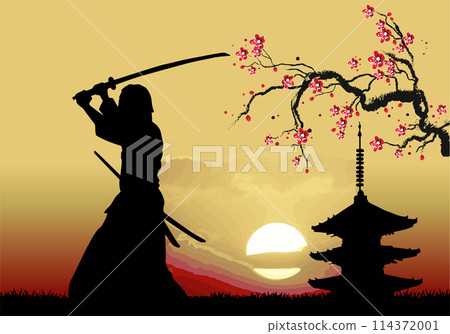 Black silhouette of Samurai with the sword on hight sky background. Vector hand drawn illustration Black silhouette of Samurai with the sword on hight sky background. Vector hand drawn illustration 114372001