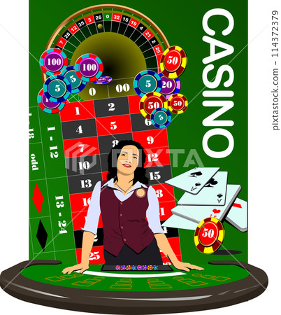 The Woman Croupier At The Casino Table with casino elements. 3d vector hand drawn illustration 114372379