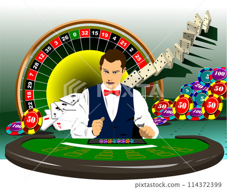 The Man Croupier At The Casino Table. 3d vector hand drawn illustration 114372399