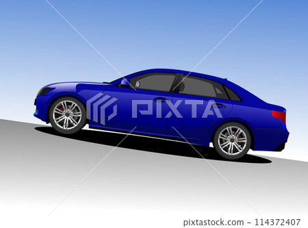 Blue car sedan on the road. Vector 3d hand drawn illustration 114372407