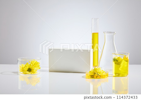 Minimalist style photo in white tones, some lab glassware and an empty podium, calendula flowers and calendula extract. Space for presentation, front view Minimalist style photo in white tones, some lab glassware and an empty podium, calendula flowers and calendula extract. Space for presentation, front view 114372433