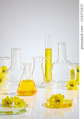 Vertical photo of calendula and lab items theme, photo for advertise organic products which has natural ingredient like calendula. Photo was taken from front view over white background Vertical photo of calendula and lab items theme, photo for advertise organic products which has natural ingredient like calendula. Photo was taken from front view over white background 114372437
