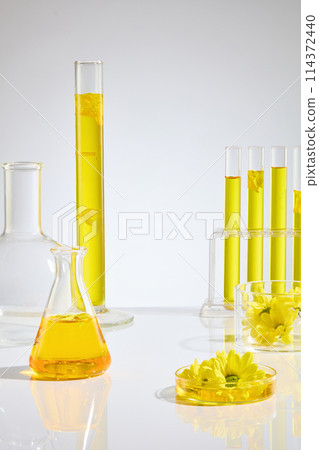 Laboratory glassware filled by yellow essence extracted from fresh calendula flower. Calendula is rich in naturally occurring compounds which has anti-inflammatory and anticancer Laboratory glassware filled by yellow essence extracted from fresh calendula flower. Calendula is rich in naturally occurring compounds which has anti-inflammatory and anticancer 114372440