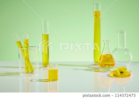 Several types of utensil in laboratory containing yellow extract from calendula flower displayed on white flat form against pastel green background. Photo has empty space for presentation Several types of utensil in laboratory containing yellow extract from calendula flower displayed on white flat form against pastel green background. Photo has empty space for presentation 114372473