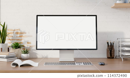 A minimalist farmhouse office desk, a computer mockup on a wooden desk against the white brick wall. 114372490
