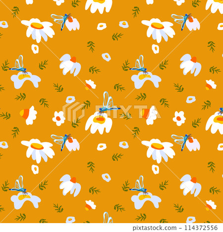 Seamless pattern wildflower daisy dragonfly Plant flower graphic card Yellow poster banner Spring summer fabric clothing backdrop packaging wallpaper Template textile cover Seamless pattern wildflower daisy dragonfly Plant flower graphic card Yellow poster banner Spring summer fabric clothing backdrop packaging wallpaper Template textile cover 114372556