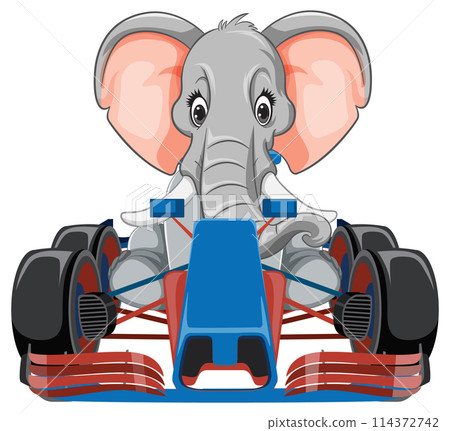 Elephant Driving a Cartoon Race Car 114372742