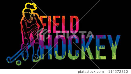 Field Hockey Female Player Action with Font Design Cartoon Sport Graphic Vector 114372810
