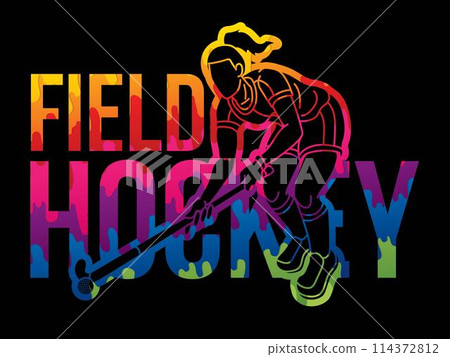 Field Hockey Female Player Action with Font Design Cartoon Sport Graphic Vector 114372812