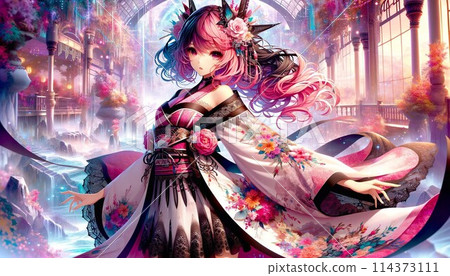 A green-haired character wearing a kimono against a fantasy landscape background 114373111
