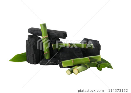 PNG,Fresh bamboo shoots with charcoal, isolated on white background 114373152
