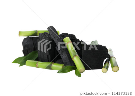 PNG,Fresh bamboo shoots with charcoal, isolated on white background 114373158