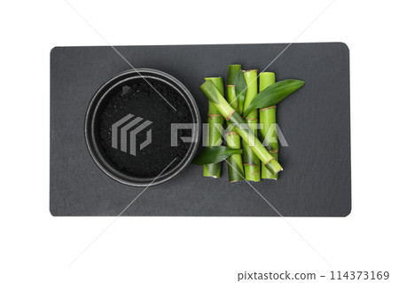 PNG,Fresh bamboo shoots with charcoal in a bowl, isolated on white background 114373169