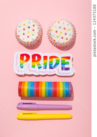 LGBT parade concept, holiday symbols on pink background. LGBT parade concept, holiday symbols on pink background. 114373188