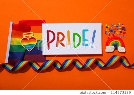 LGBT parade concept, symbols on orange background. 114373189