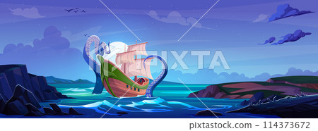 Sail boat in sea with kraken tentacles at night. 114373672