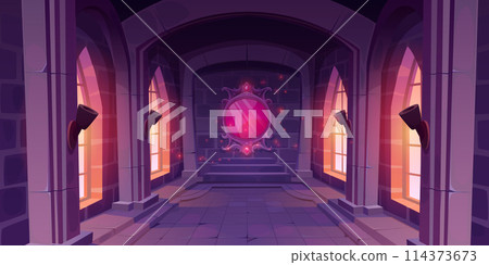 Magic mirror hanging on wall of castle hall 114373673