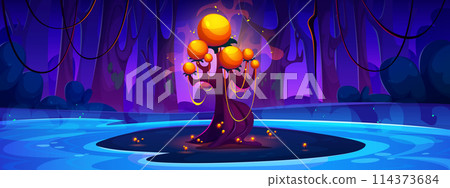 Night forest with magic fantasy neon glow tree 114373684