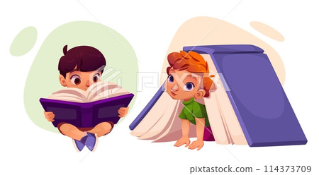 Boy kid read book in school library cartoon vector 114373709