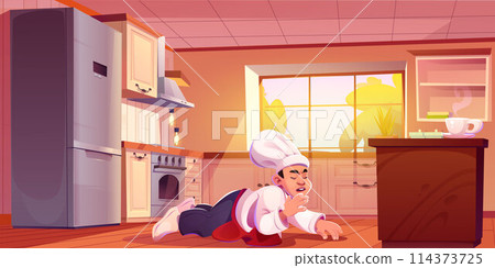 Chef in uniform and hat laying on floor of kitchen 114373725