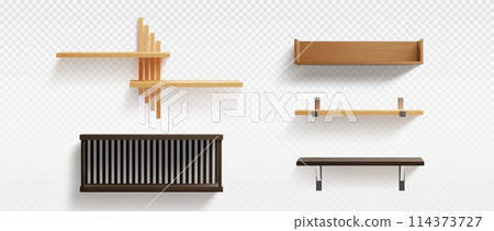 Wooden shelf hanging on wall. Wooden shelf hanging on wall. 114373727