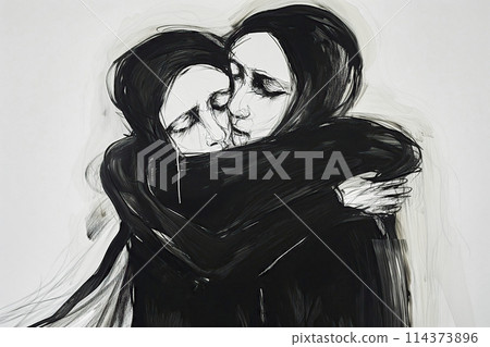 Two women in black mourning attire with veils embrace with closed eyes, black and white graphic depicting the concept of grief and sadness 114373896