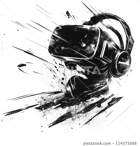 Dynamic black and white drawing of a headset with video goggles 114373898