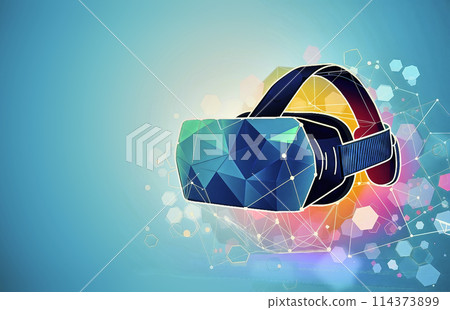 Colorful illustration of video goggles with abstract elements on blue background 114373899